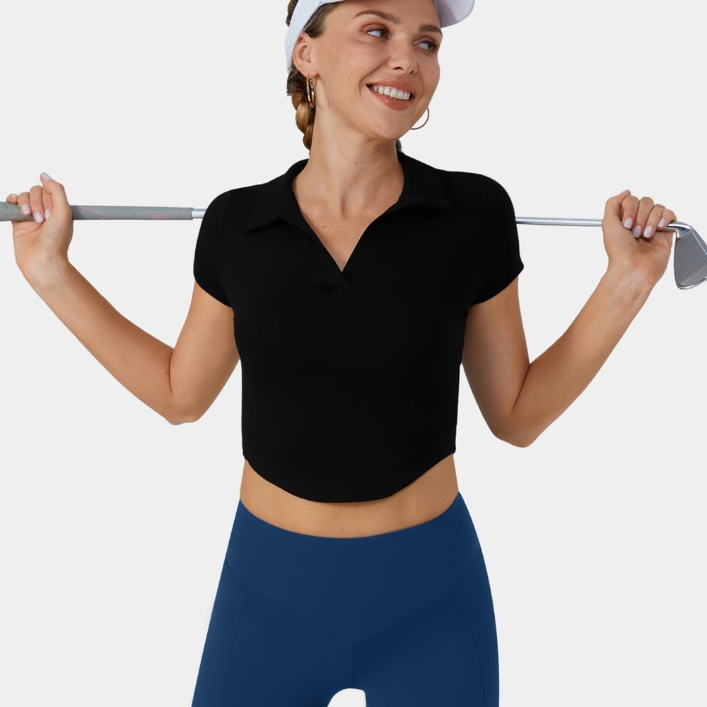 Ribbed Knit Collared Asymmetric Hem Cropped Golf Sports Top